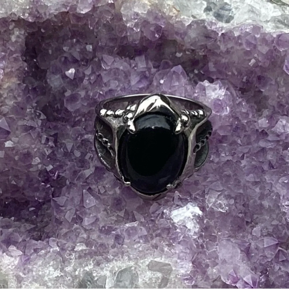 🩵NEW🩵 Stainless Steel with Black Agate Stone Ornate Ring Sz MENS 9